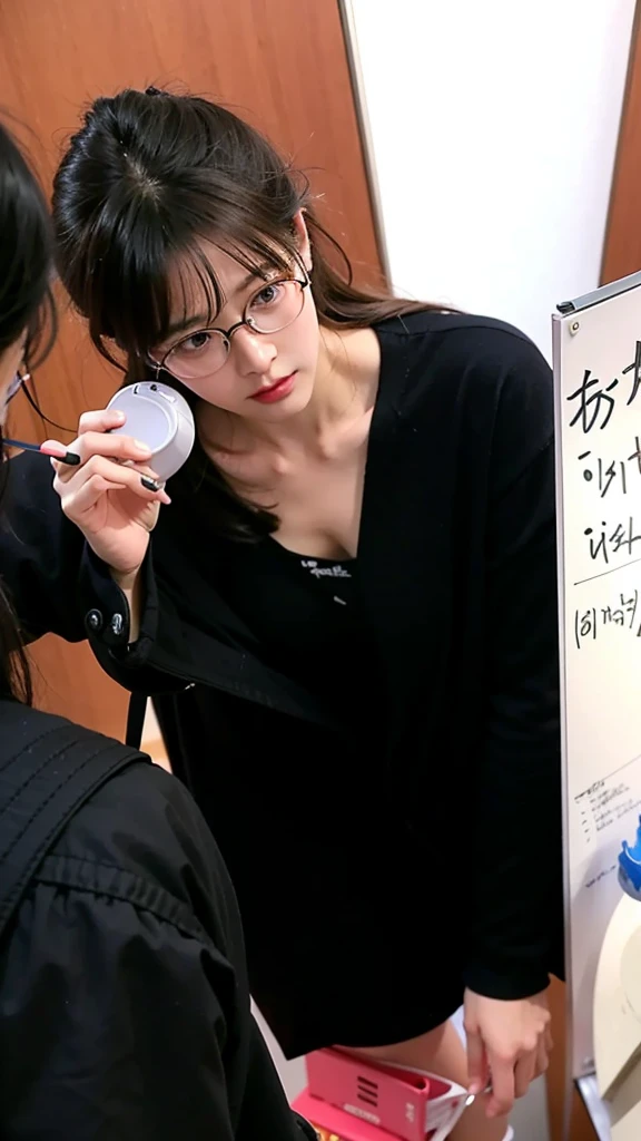 A woman with glasses stands in a room with a whiteboard., Straightforward shoot, photograph ( far _ shoot ), photograph [ far ], Straightforward portrait, Shiho, Kim Hyun Joo, gongbi, Straightforward, Li Zixin, Junki It, Nanae Kawahara, Kazue Kato, student, thinking, Makoto, People in the foreground, complicated!!