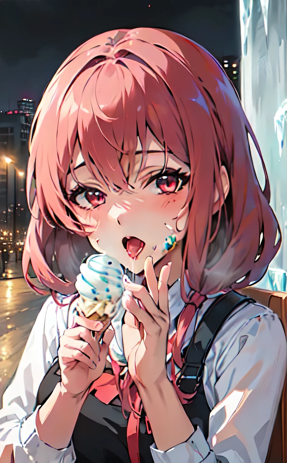 ((((Super Illustration Style:1.0)))),Highest quality,Best Anime,masterpiece,Ray Tracing,Top floor room at night,(Fellatio gestures:1.3),One young girl, alone,View your viewers,Outdoor,Upper Body,saliva,Verbal invitation,(Realistic hand movements:1.3),(holding ice cream in hand:1.3)