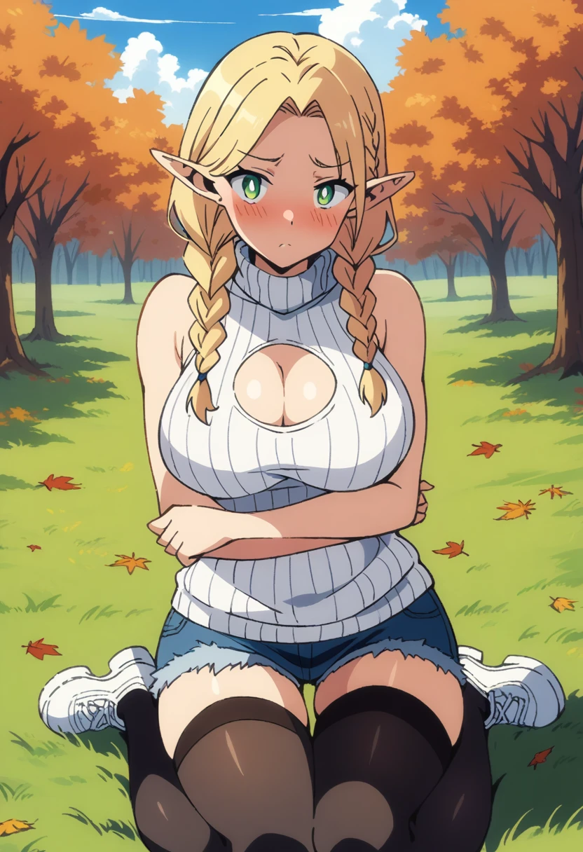 anime art style, masterpiece, best quality, very aesthetic, absurdres, dynamic shadows, atmosferic, marcille donato, ((1girl)), blonde hair, long hair, braid, twin braids, long braids, parted bangs, green eyes, pointy ears, curvy body, large breasts, sexy, cleavage, white sneakers, turtleneck sweater, striped sweater, white sweater, cutout on cleavage, micro shorts, denim shorts, black thighhighs, bare arms, borrowed, embarrased, intense blush, ((feet out of frame)), (from front), (wariza), (grass), (afternoon), (autumn), (trees), (clouds), (looking at viewer:1.0)