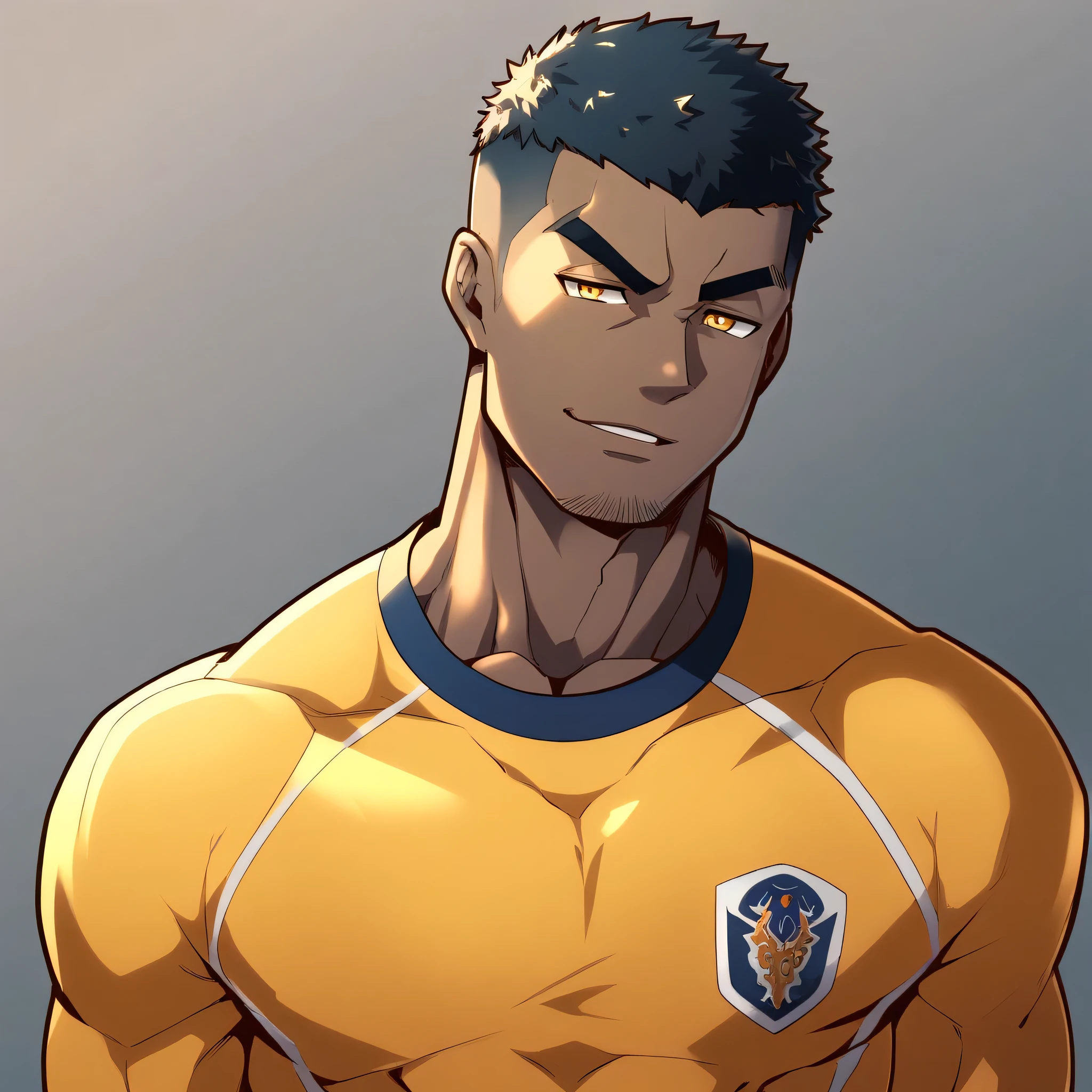 anime characters:Gyee, Young Muscle Sports Student, negro black skin, Buzz Cut, Manliness, male focus, Dark yellow long sleeve tight T-shirt, Slightly transparent texture, Very tight, Slightly transparent, muscular male, muscular, only, Upper body, alone, Black short hair, Thick eyebrows, stubble, Yellow eyes, Grey background, simple background, amazing quality, best aesthetics, Ridiculous, bright pupils, crew cut, parted lips, seductive smile, torogao, naughty face, best quality