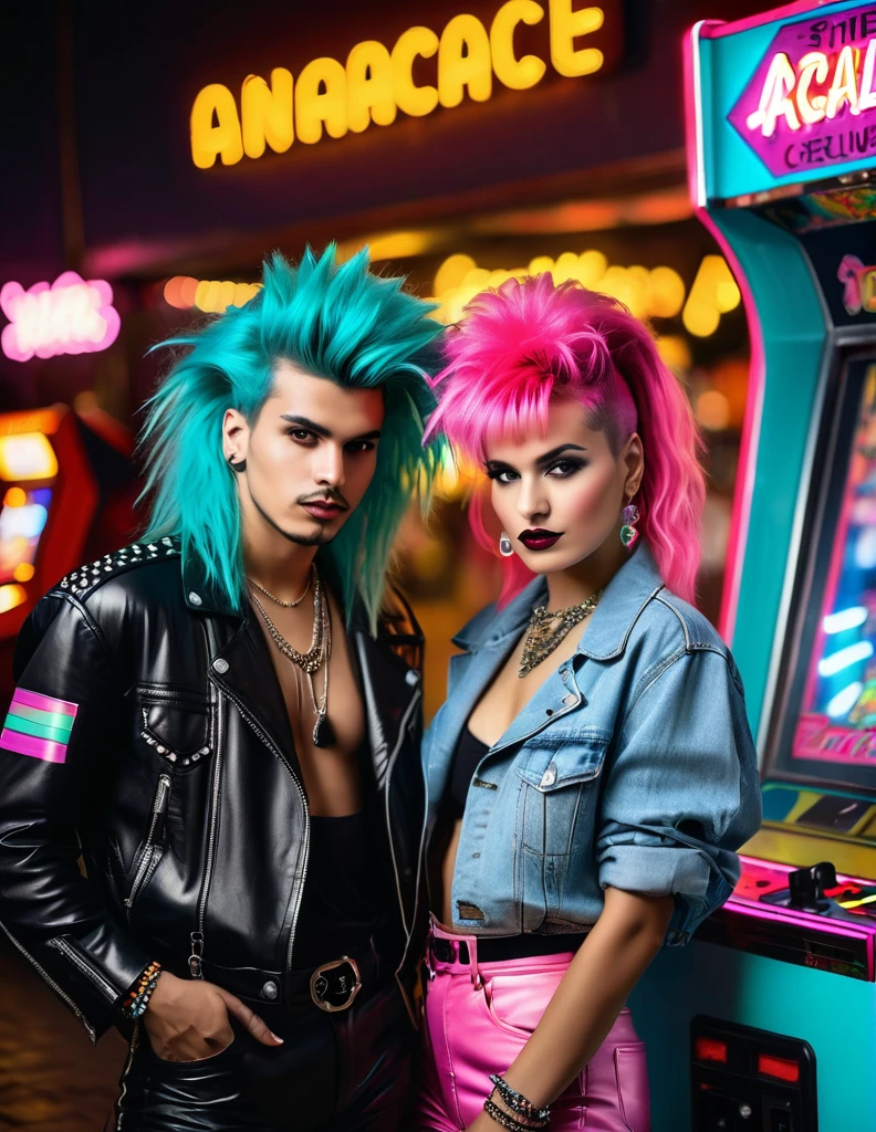 Man and Woman with iconic 80s new wave hair do and an 80s iconic punk rock fashion outfit, posing in an 80s City center with vintage neon lit indoor arcade machine nearby