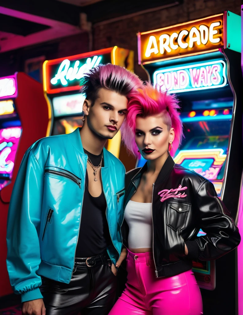Man and Woman with iconic 80s new wave hair do and an 80s iconic punk rock fashion outfit, posing in an 80s City center with vintage neon lit indoor arcade machine nearby