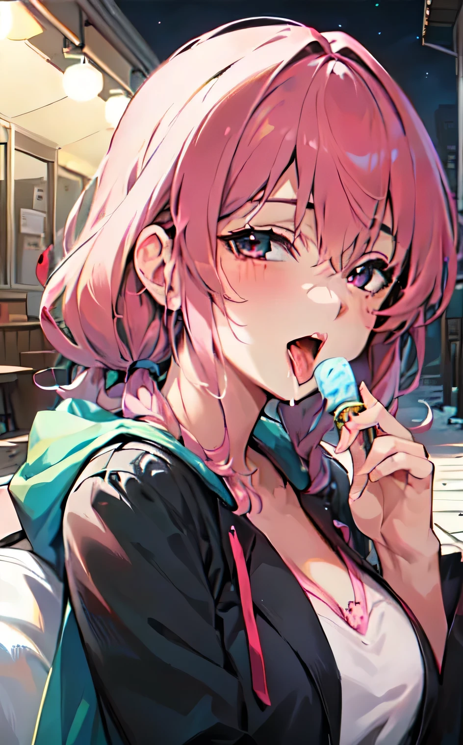 ((((Super Illustration Style:1.0)))),Highest quality,Best Anime,masterpiece,Ray Tracing,Top floor room at night,(Fellatio gestures:1.3),One young girl, alone,View your viewers,Outdoor,Upper Body,saliva,Verbal invitation,(Realistic hand movements:1.3),(holding ice cream in hand:1.3)