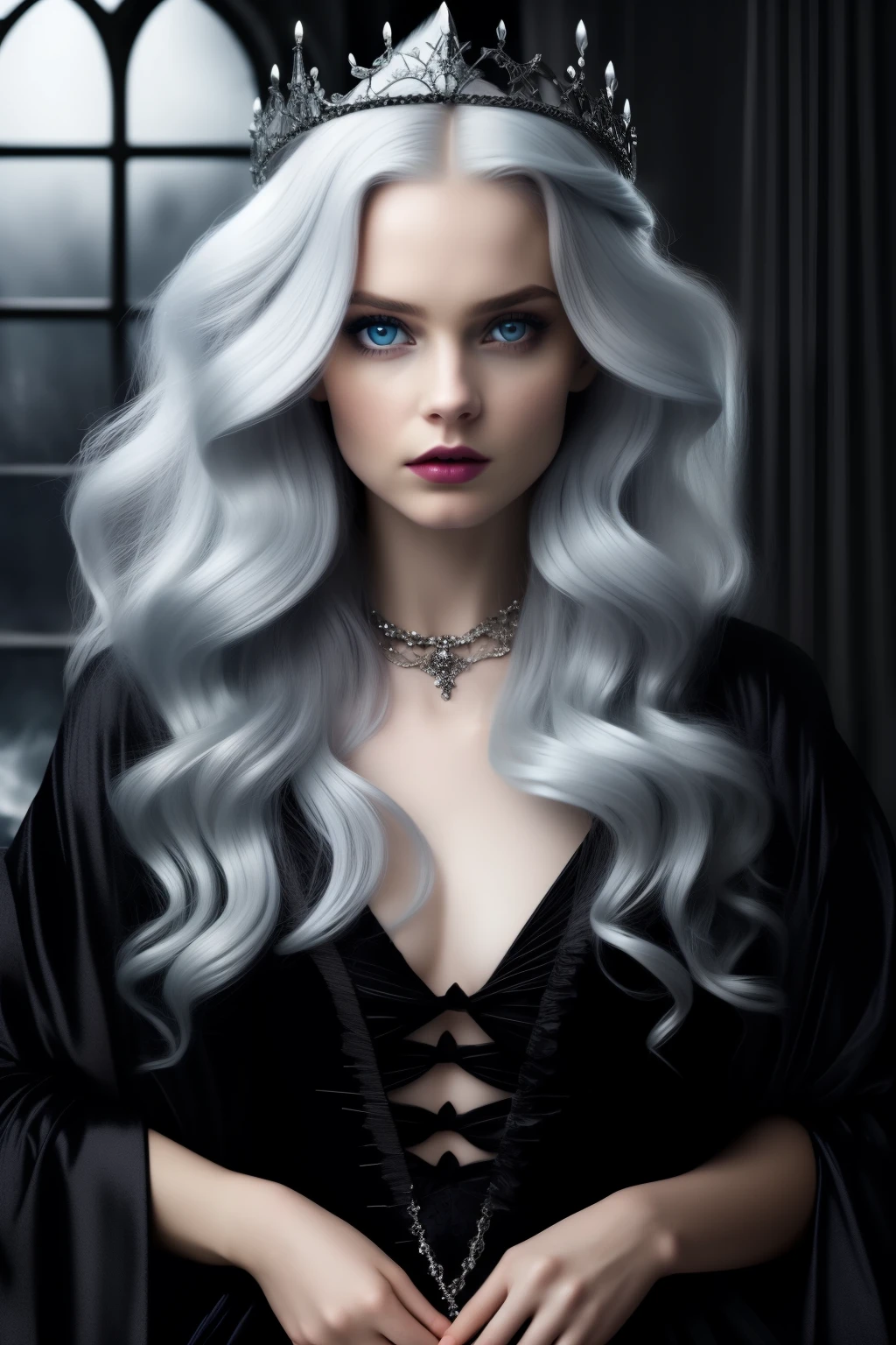 I want book cover style evil princess looking in her black mirror She has gray hair and blue eyes and is an evil queen
