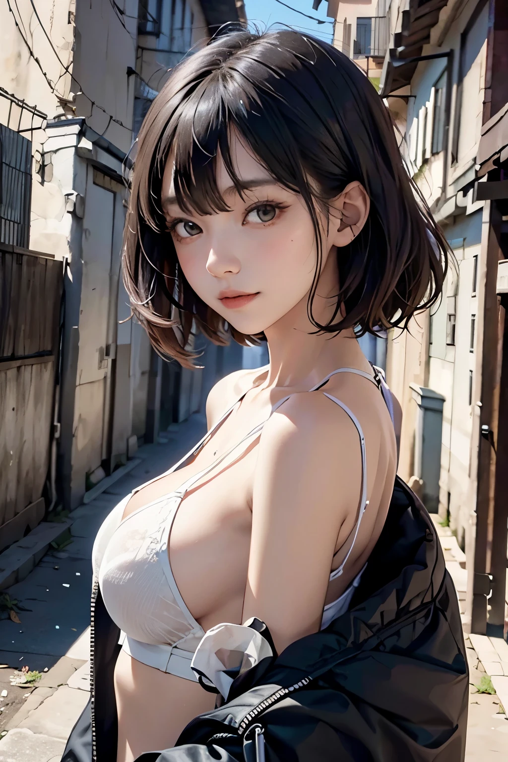 Beautiful woman. Twenties. Black hair. She is looking at the camera with a serious expression. Behind her is a dark, deserted residential area. A slightly eerie atmosphere.