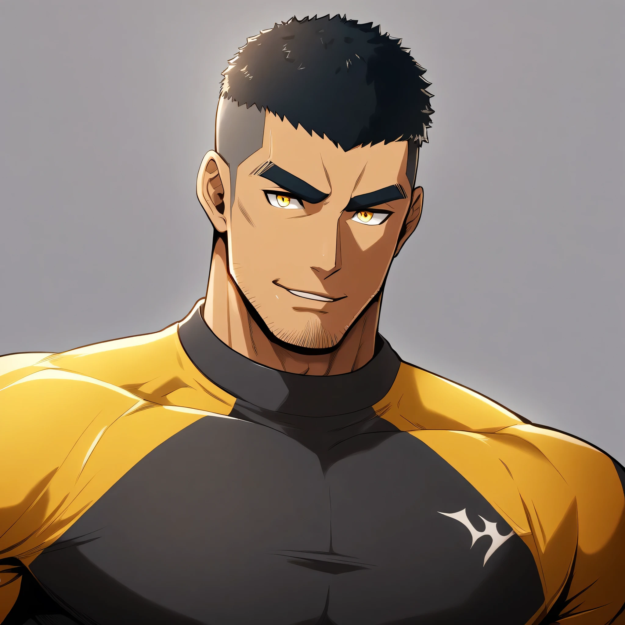 anime characters:Gyee, Young Muscle Sports Student, negro black skin, Buzz Cut, Manliness, male focus, Dark yellow long sleeve tight T-shirt, Slightly transparent texture, Very tight, Slightly transparent, muscular male, muscular, only, Upper body, alone, Black short hair, Thick eyebrows, stubble, Yellow eyes, Grey background, simple background, amazing quality, best aesthetics, Ridiculous, bright pupils, crew cut, parted lips, seductive smile, torogao, naughty face, best quality