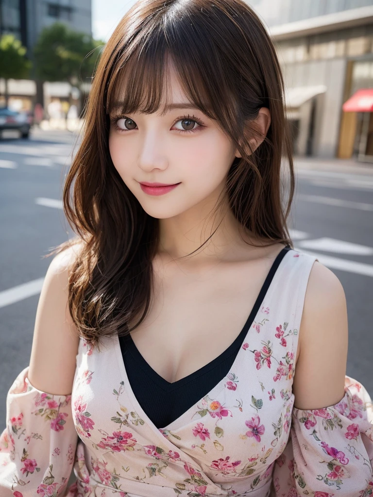 masutepiece, Best Quality, Illustration, Ultra-detailed, finely detail, hight resolution, 8K Wallpaper, Perfect dynamic composition, Beautiful detailed eyes, Women's Fashion Summer,Medium Hair,Small breasts natural color lip, Bold sexy poses,Smile,Harajuku、20 years girl、Cute、Sexy shot looking at camera