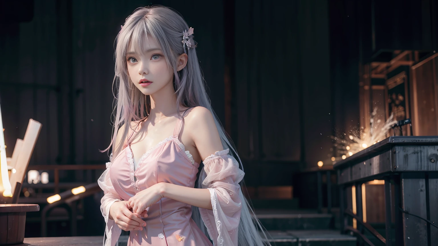 1 girl,《Beautiful eyes detailed description》《Beautiful and delicate face》《Wearing white》《Pink Eyes》《Cross Bangs》《Standing》《gray hair flying》》((((Pink Eyes)))),((((Pink Eyes)))),(((Beautiful fairy)))(《《Detailed description of the whole body》》),《《《Stunning Beauty》》》,Detailed description of the whole body,Detailed description of the whole body,Detailed description of the whole body,Detailed description of the whole body《《《《Explosion》》》》Wear black,Wear black,Wear black,Full body detailed description,Detailed description of upper and lower body,Pink crystal pupils