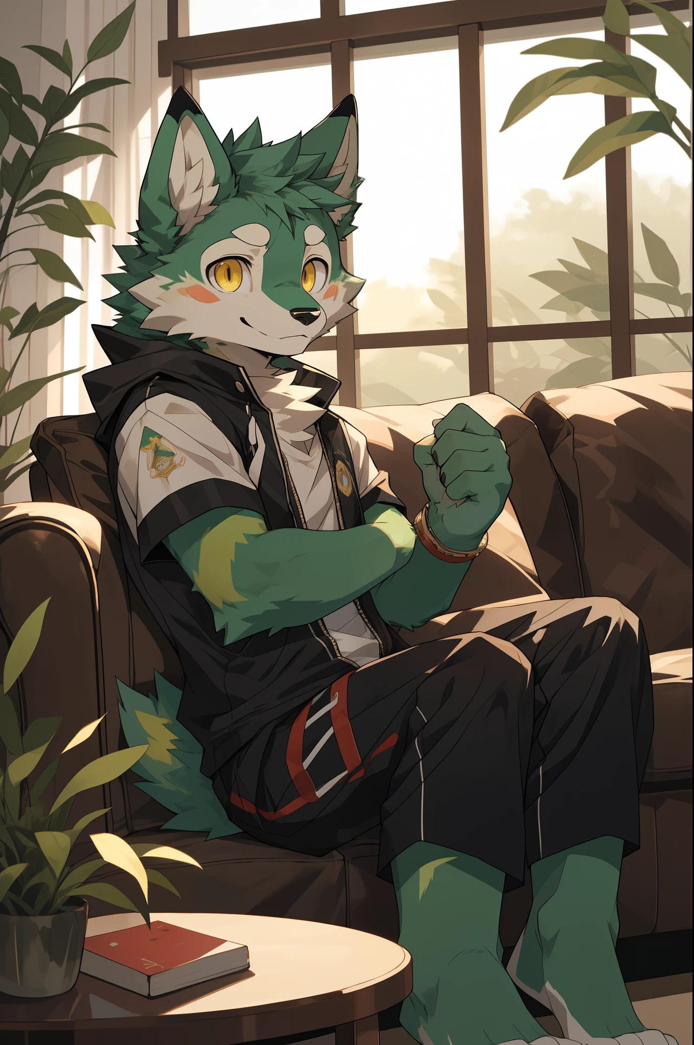 (highest resolution, Dynamic HDR, 4K, full HD) , furry, 18 years old, green fur wolf, green body, yellow eyes, Random clothes, shrink, bodyส่วนบน, round_cornea, Sad smiling face, cute, living room, slim_body, clear face,