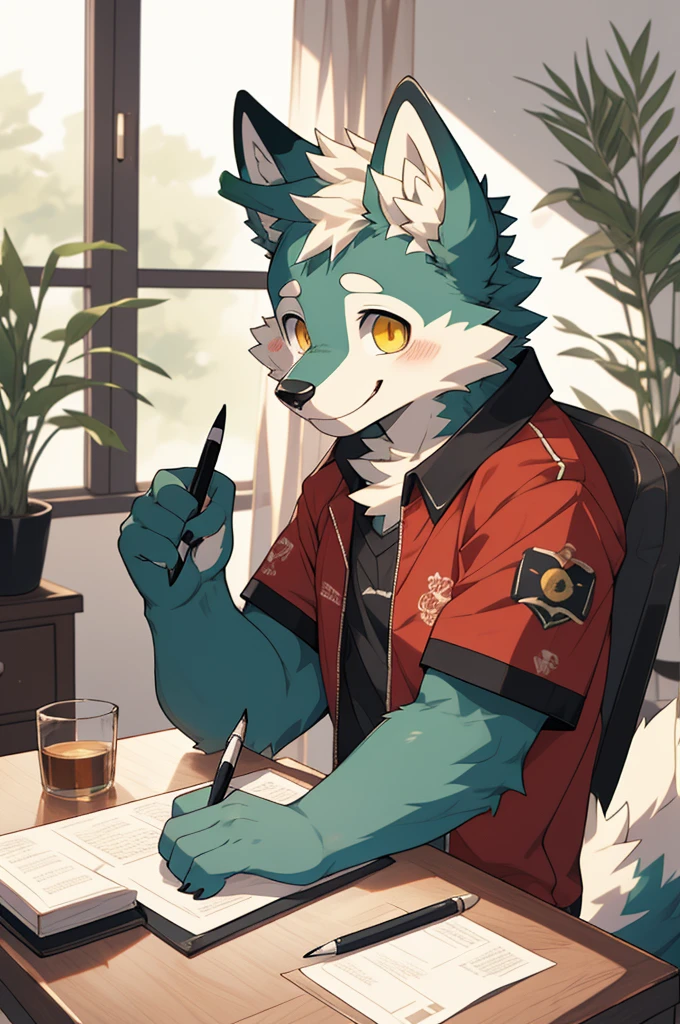 (highest resolution, Dynamic HDR, 4K, full HD) , furry, 18 years old, green fur wolf, green body, yellow eyes, Random clothes, shrink, bodyส่วนบน, round_cornea, Smiling faces, shy, cute, living room, slim_body, clear face, holding pen