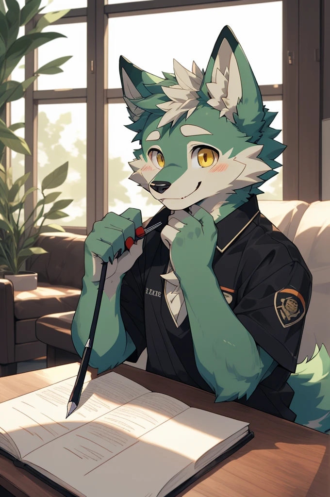 (highest resolution, Dynamic HDR, 4K, full HD) , furry, 18 years old, green fur wolf, green body, yellow eyes, Random clothes, shrink, bodyส่วนบน, round_cornea, Smiling faces, shy, cute, living room, slim_body, clear face, holding pen