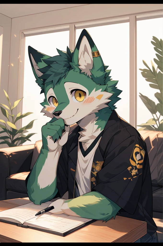 (highest resolution, Dynamic HDR, 4K, full HD) , furry, 18 years old, green fur wolf, green body, yellow eyes, Random clothes, shrink, bodyส่วนบน, round_cornea, Smiling faces, shy, cute, living room, slim_body, clear face, holding pen