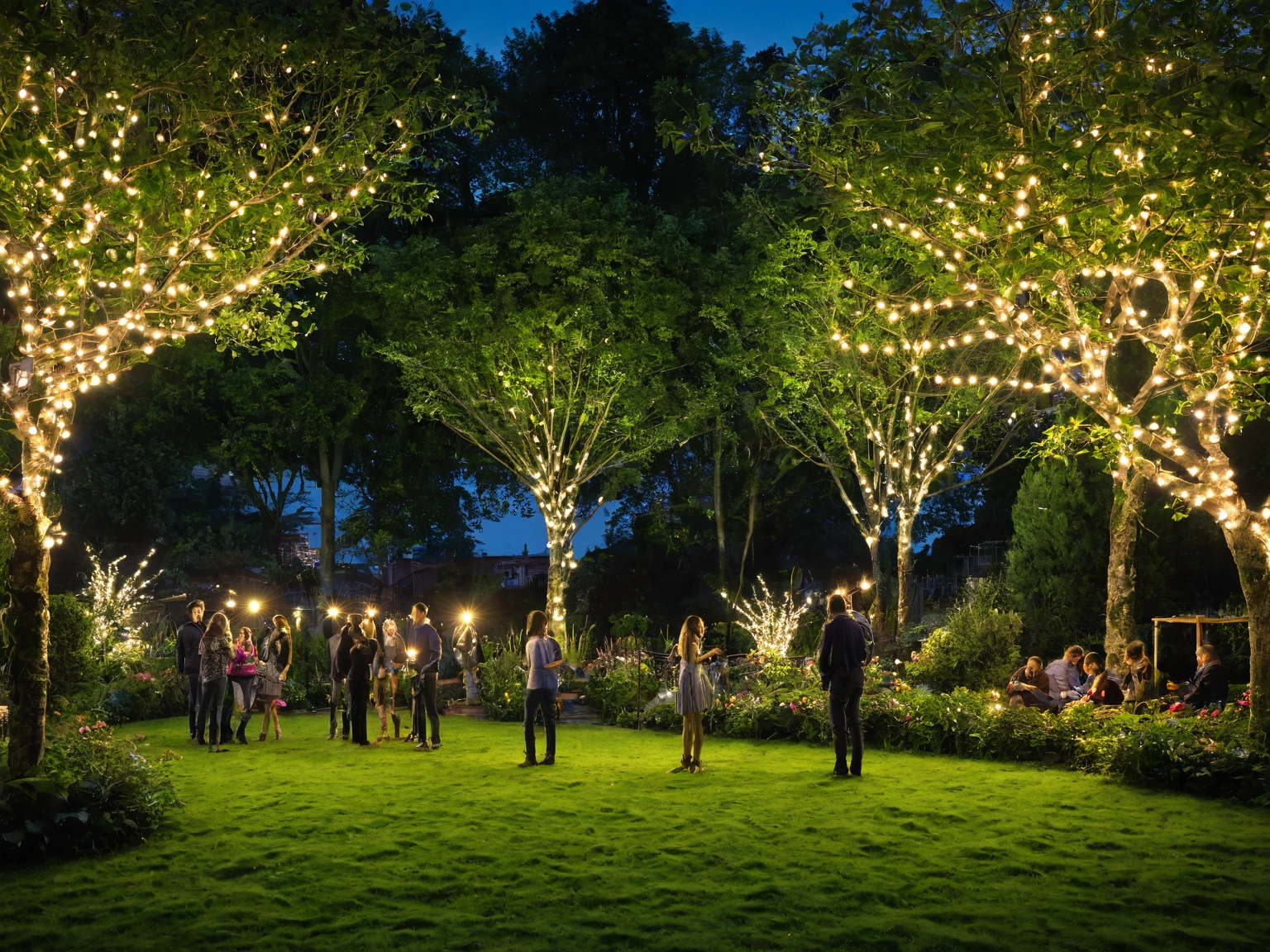 evening, lights, surrounding trees, reality, people, garden