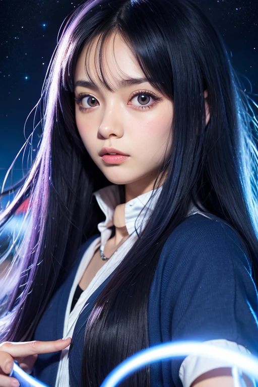 Anime illustration, long indigo hair, large eyes, small mouth, , navy blue wizard's uniform, large bust, stick hitting crescent slime, full body image