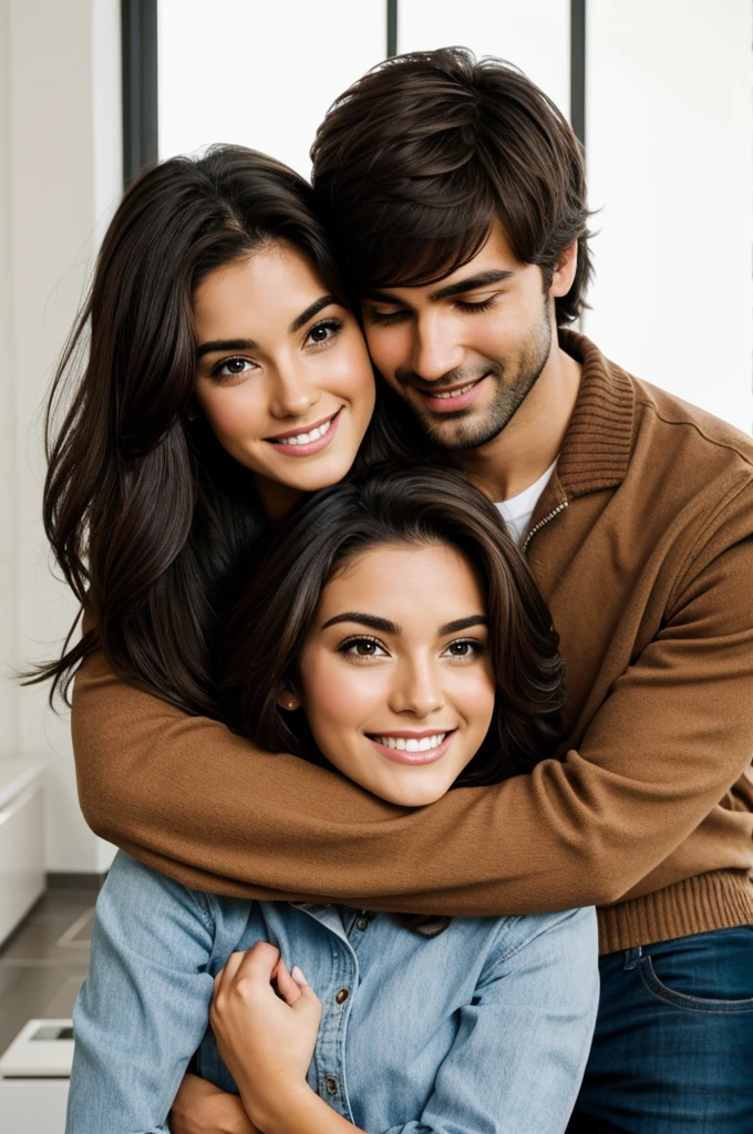 couple , short brunette woman with brown hair , tall dark haired man white skin , happy hugged 