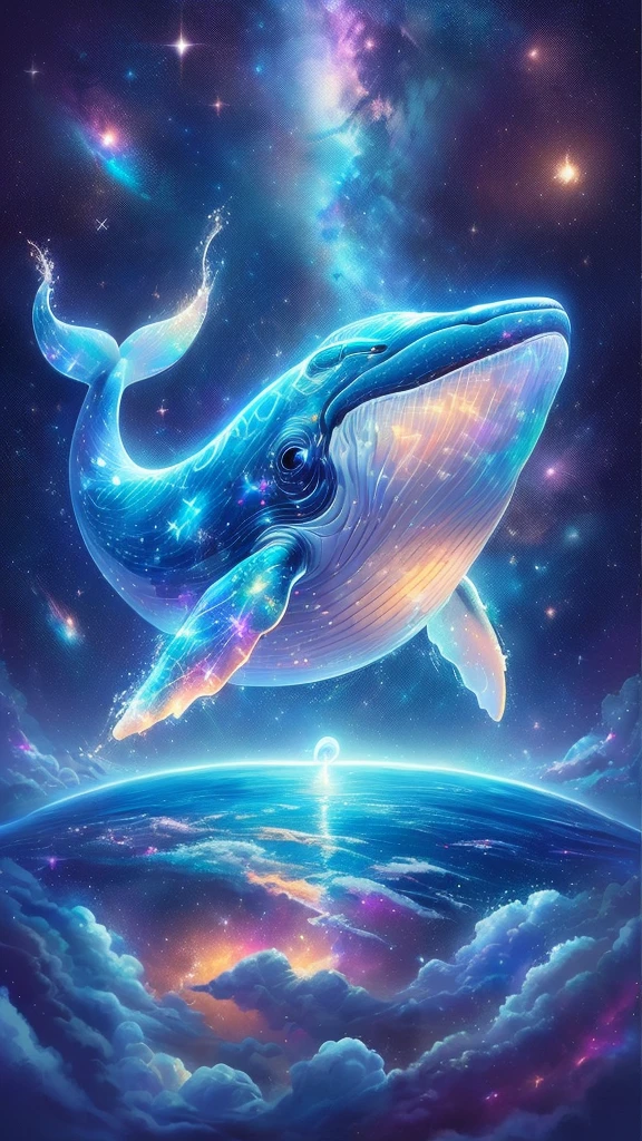 painting of a whale flying over the earth with a star in the background, space magical whale, galaxy whale, space whale, glimmering whale, Just a joke, Inspired by Cyril Rolland, Beeple and Jeremiah Kettner, flying whale, sky whales, whale, cyborg whale, Cyril Rolland style, Justin Gerard, flying whale,Big kind eyes