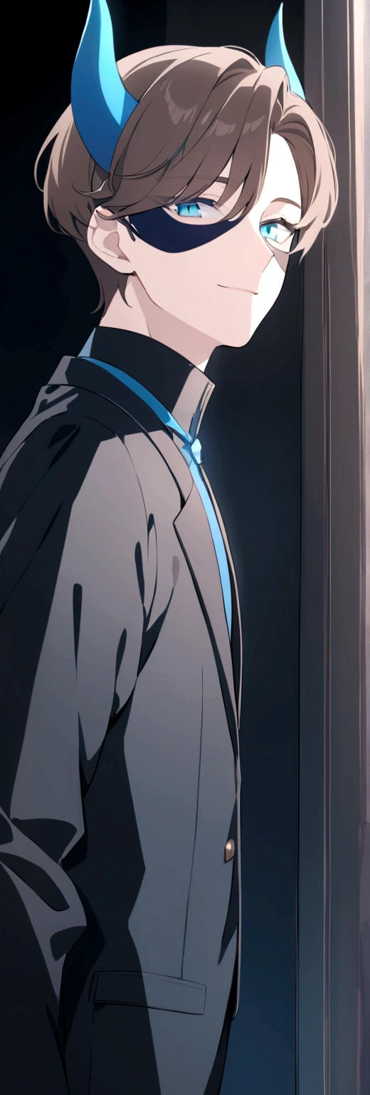 (man in half smile mask on the left side )(blue color)(blue eyes) brown hair)(blue horns)(Dressed in black)(Short haired)(alone)