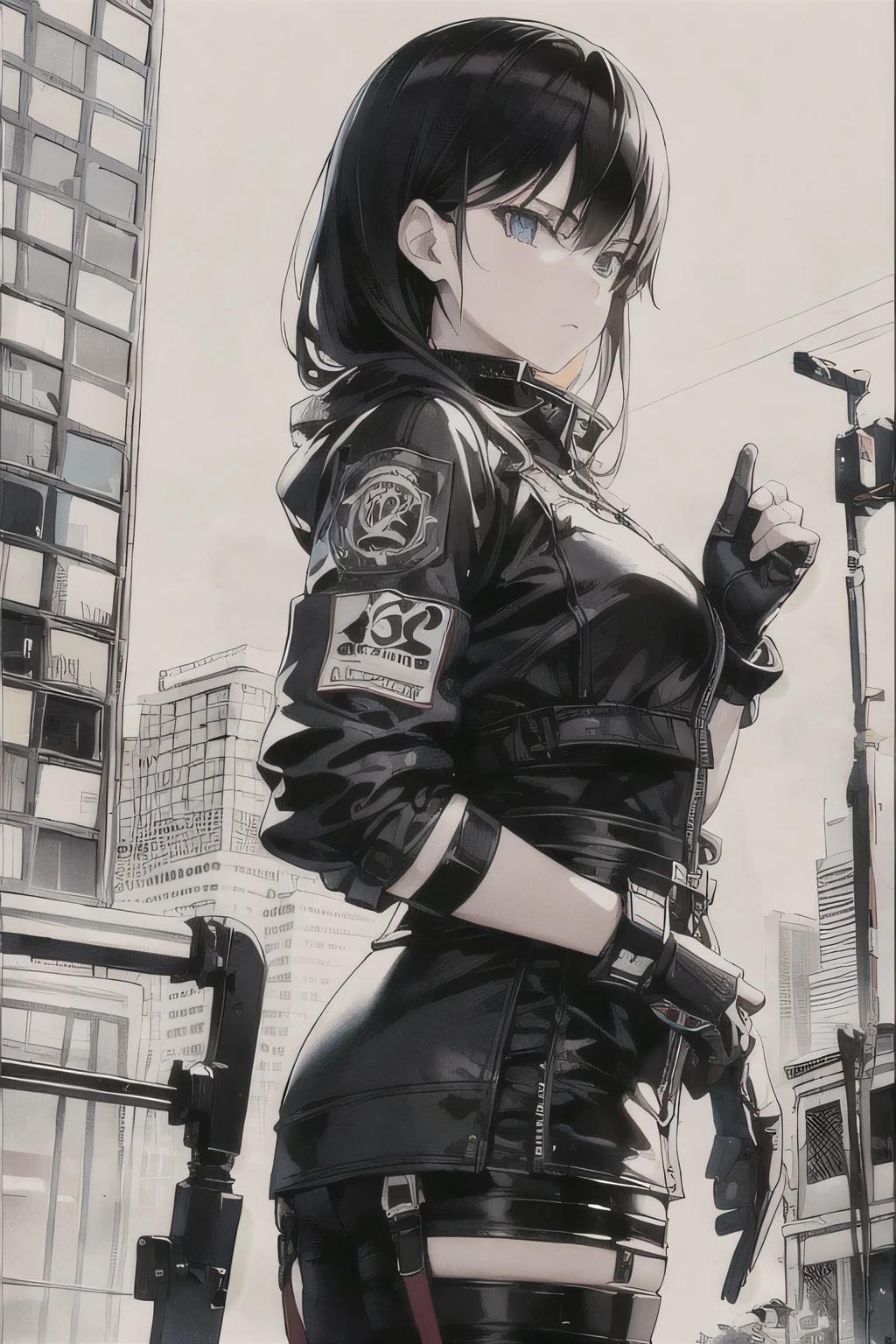 Highest quality, masterpiece, photograph, 4K, photographrealistic, Very detailed,
Girl riding a bicycle, Techwear, Cyberpunk City, alone, Futuristic, Huge moon in the background, Black and White, toriyama akira, close,
