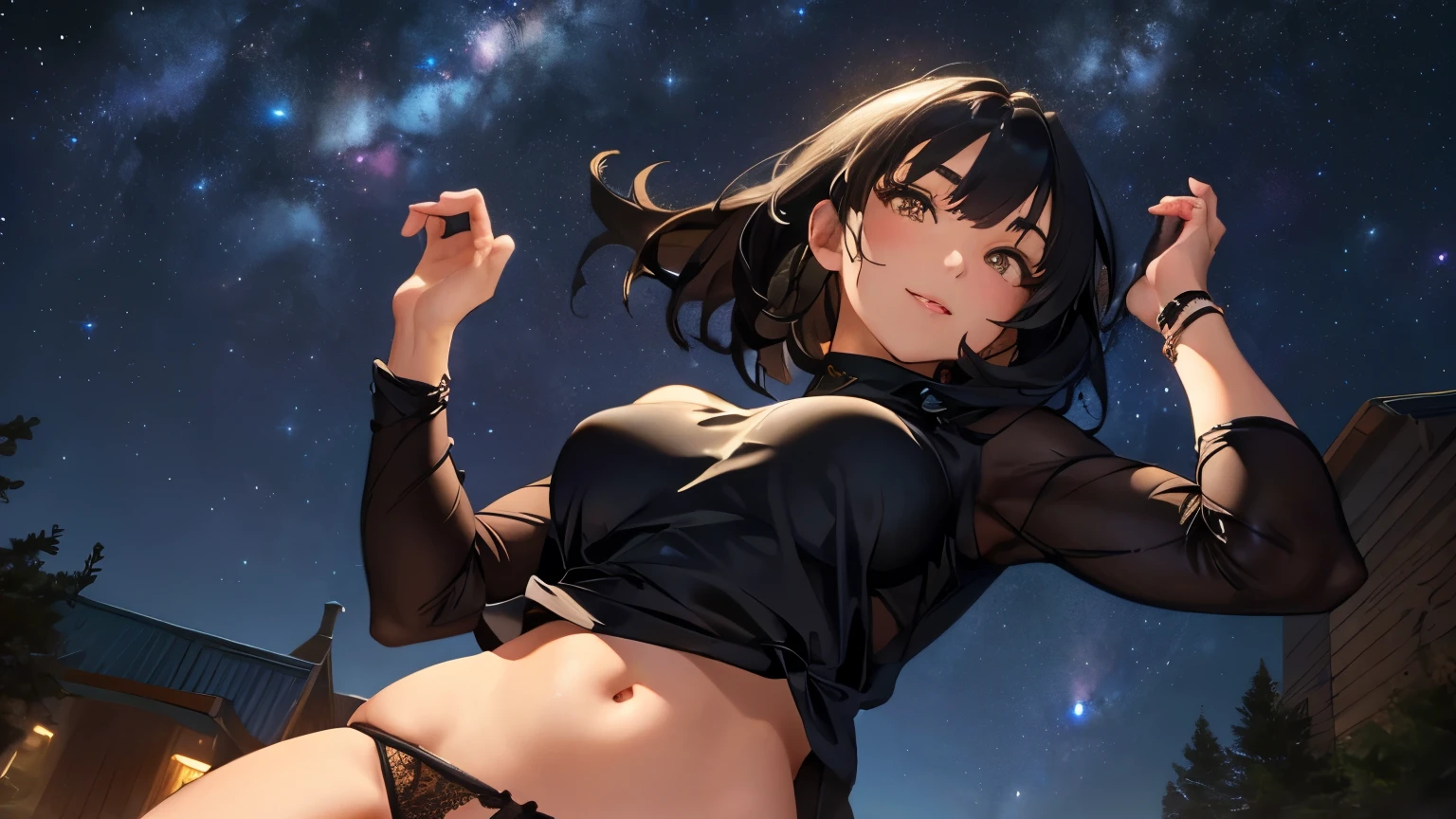 Huge wolves huddled together、Detailed depiction of bulges and wrinkles in ultra-thin underwear, (masterpiece), (Highest quality), One girl, (Perfect Face:1.2), (Beautiful Face:1.2), Black Hair, (From below), Happy, A light smile, View your viewers, Sexy pose, See-through, Outdoor idnight, Night Sky, milky way), Complex, Depth of written boundary, Cinema Lighting,