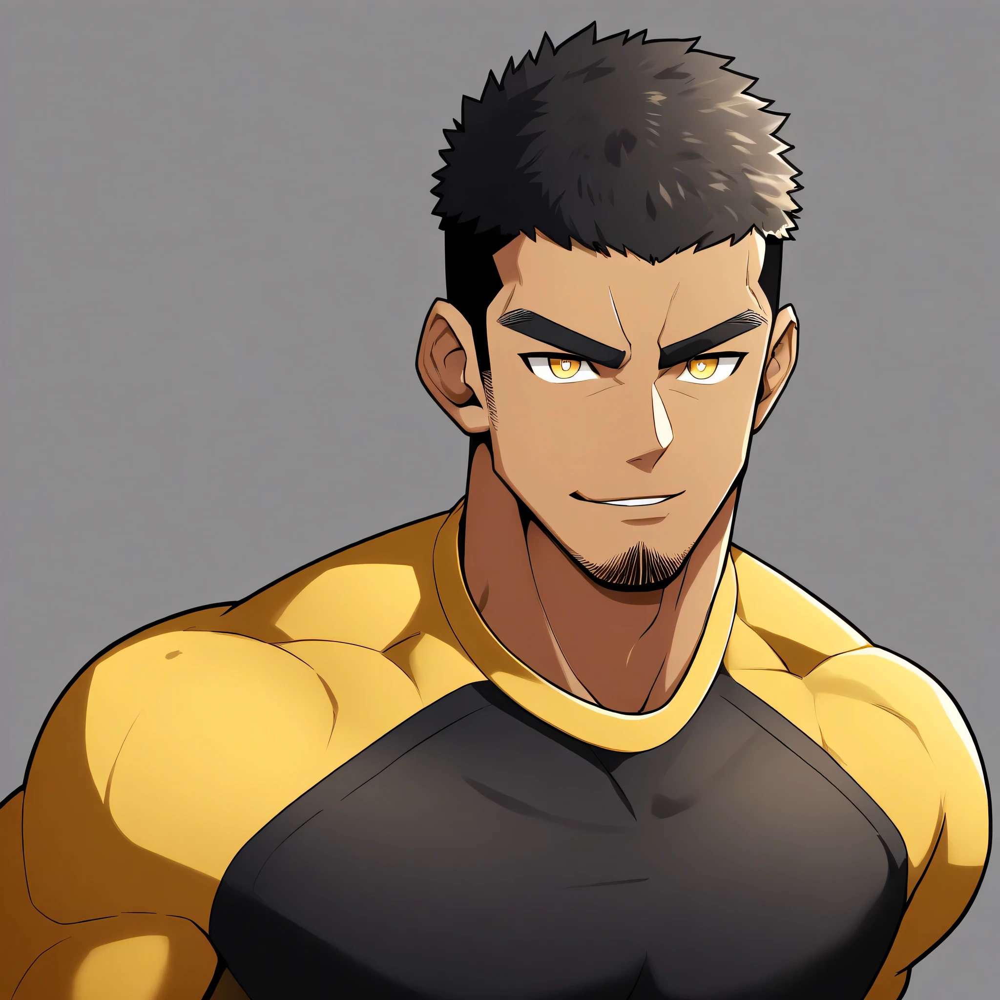 anime characters：Gyee, Young Muscle Sports Student, negro black skin, Buzz Cut, Manliness, male focus, Dark yellow long sleeve tight T-shirt, Slightly transparent texture, Very tight, Slightly transparent, muscular male, muscular, only, Upper body, alone, Black short hair, Thick eyebrows, stubble, Yellow eyes, Grey background, simple background, amazing quality, best aesthetics, Ridiculous, bright pupils, crew cut, parted lips, seductive smile, torogao, naughty face, best quality