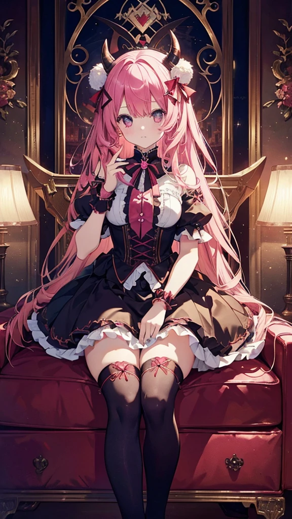 Devil horns, Devil Cosplay,Pink Hair, (masterpiece、Highest quality、Highest quality、Official Art、Beautiful and aesthetic:1.2)、(One Girl:1.3)、(Fractal Art:1.3)、Lolita、So cute