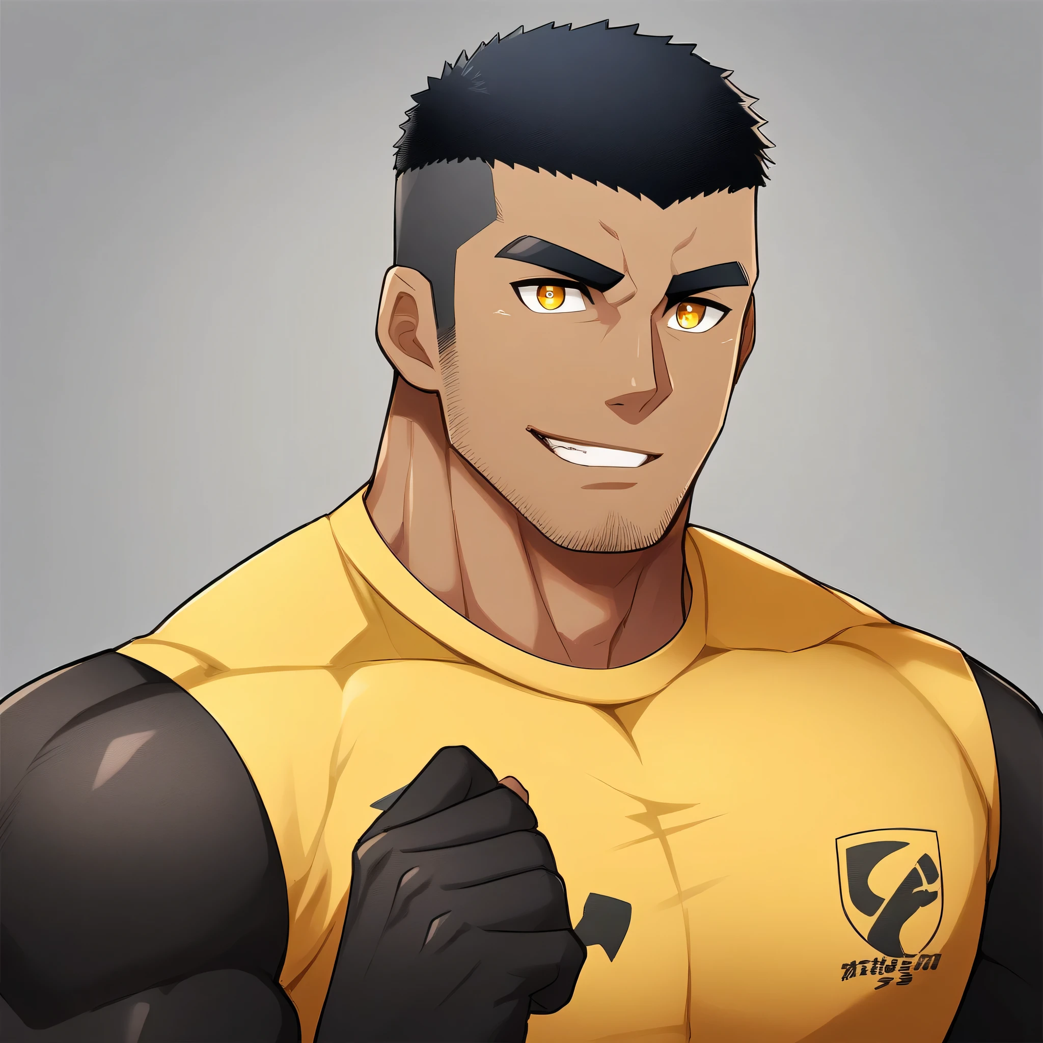 anime characters:Gyee, Young Muscle Sports Student, negro black skin, Buzz Cut, Manliness, male focus, Dark yellow long sleeve tight T-shirt, Slightly transparent texture, Very tight, Slightly transparent, muscular male, muscular, only, Upper body, alone, Black short hair, Thick eyebrows, stubble, Yellow eyes, Grey background, simple background, amazing quality, best aesthetics, Ridiculous, bright pupils, crew cut, parted lips, seductive smile, torogao, naughty face, best quality