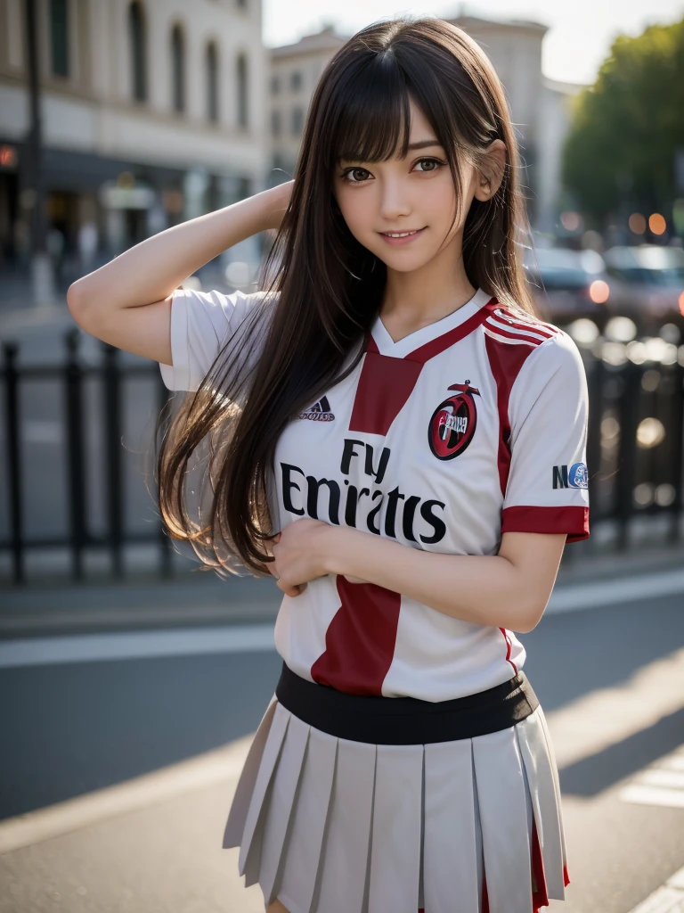 (8K, RAW Photos, Highest quality, masterpiece:1.2), (Realistic, photo-Realistic:1.4), (Highly detailed 8K wallpapers), ((Full Body Shot)), (1 girl), Sharp focus, Depth of written boundary, Cinematic lighting, Soft Light, 緻密な美しさのeye, eye_Chan, Very beautiful 17 year old girl, innocent big eyes, Realistic, photo Realistic, Highly detailed cute girl, (Thin thighs), (Model Body Type), (((AC Milan soccer jersey))), ((Micro Mini Pleated Skirt)), (((Fold your arms in front of your chest and act arrogantly))), ((A happy smile)), Parted lips, Watching the audience, (On the streets of Milan) , (Brown Hair),（Long Bob Hair), (Asymmetrical bangs)
