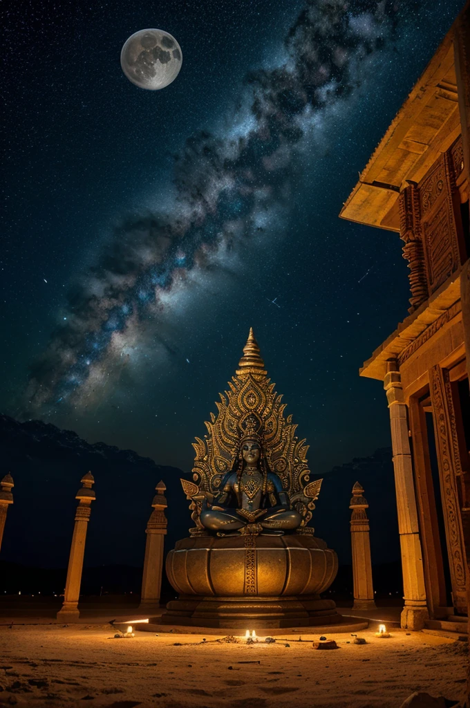 A divine Shiva Lingam stands tall, with clusters of stars adorning its surface. The arched moon rests delicately on it, radiating a shimmering glow. The cosmic manifestation is being reverently watched by a majestic bull in the foreground, adorned with traditional Indian jewellery. Capturing the essence of Hindu folklore and the timeless dance of creation and destruction, creating a wonderful tribute to this mesmerizing scene." Cosmic energy makes lord shiva and original shivling 