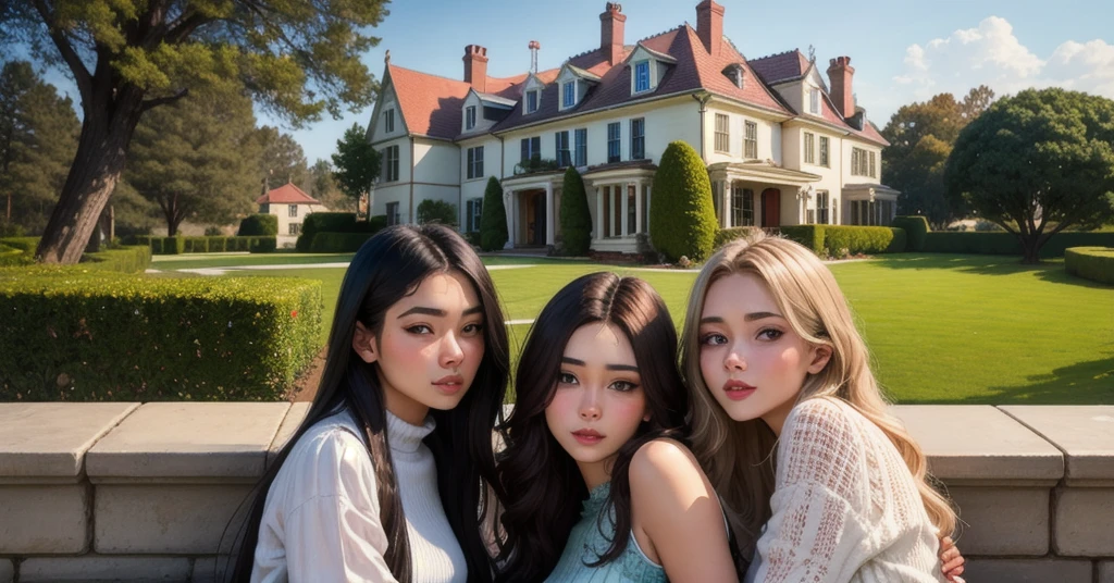 Three beautiful girls live in a mansion 
