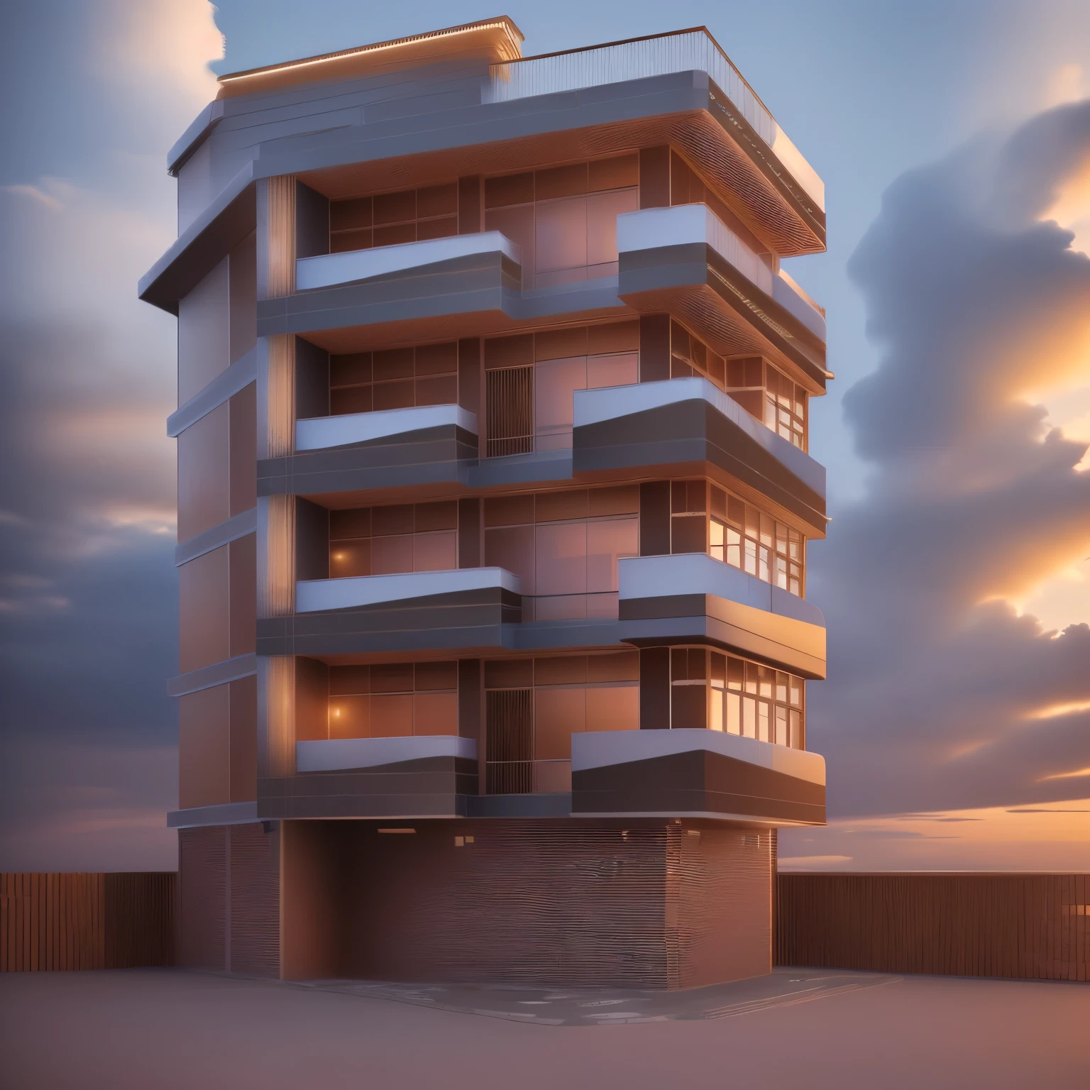 a rendering of a tall building with balconies on the top, realistic building, elevation view, multistory building, an extremely detailed building, side-view. highly detailed, building facing, perspective view, 3/4 view from below, mid-view, full building, 3d rendering, 3 d rendering, front elevation view, profile view perspective