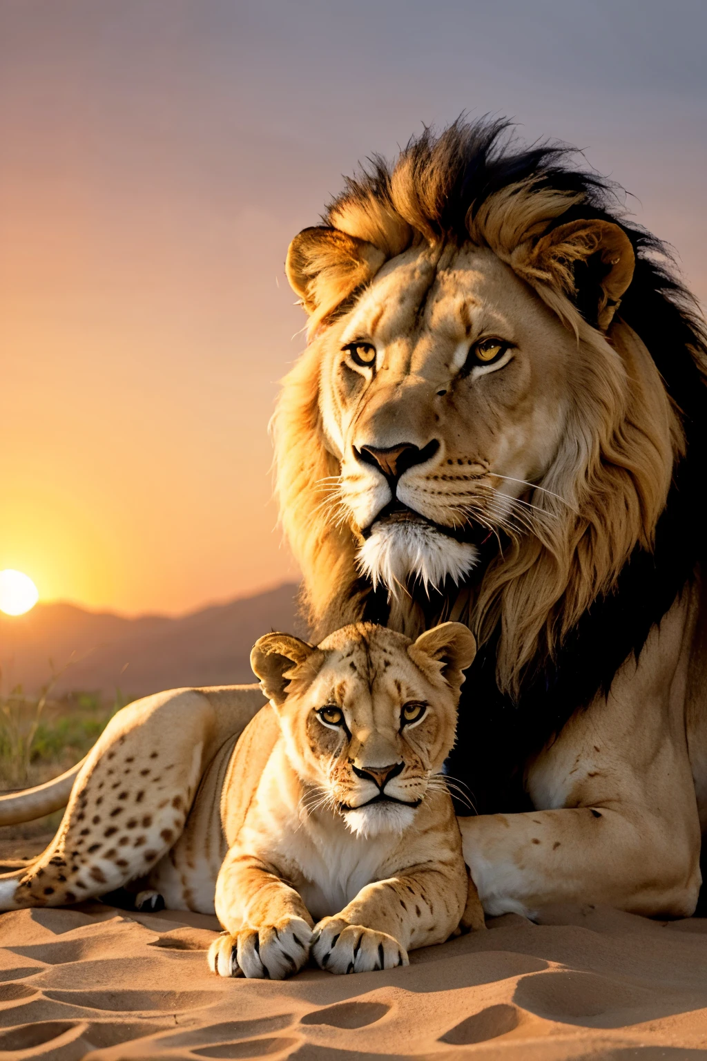 ((best qualityer)), ((work of art)), (detailded), 1 lion,1 lioness and 1 cub at sunset