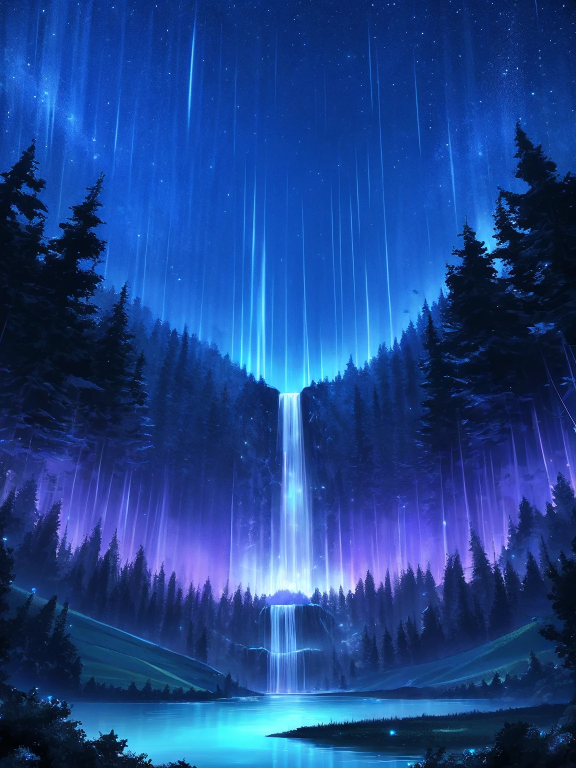 masterpiece, best quality, high quality, CG, 8K, landscape, night, Sky, cloud, Muscle Dragon Man ,Dense forest, Beautiful waterfall, rainbow, Fantasy image, firefly, moonlight, aurora, Tree, black snake on Tree, Apple herd, moose, Albino deer, White Rabbit,