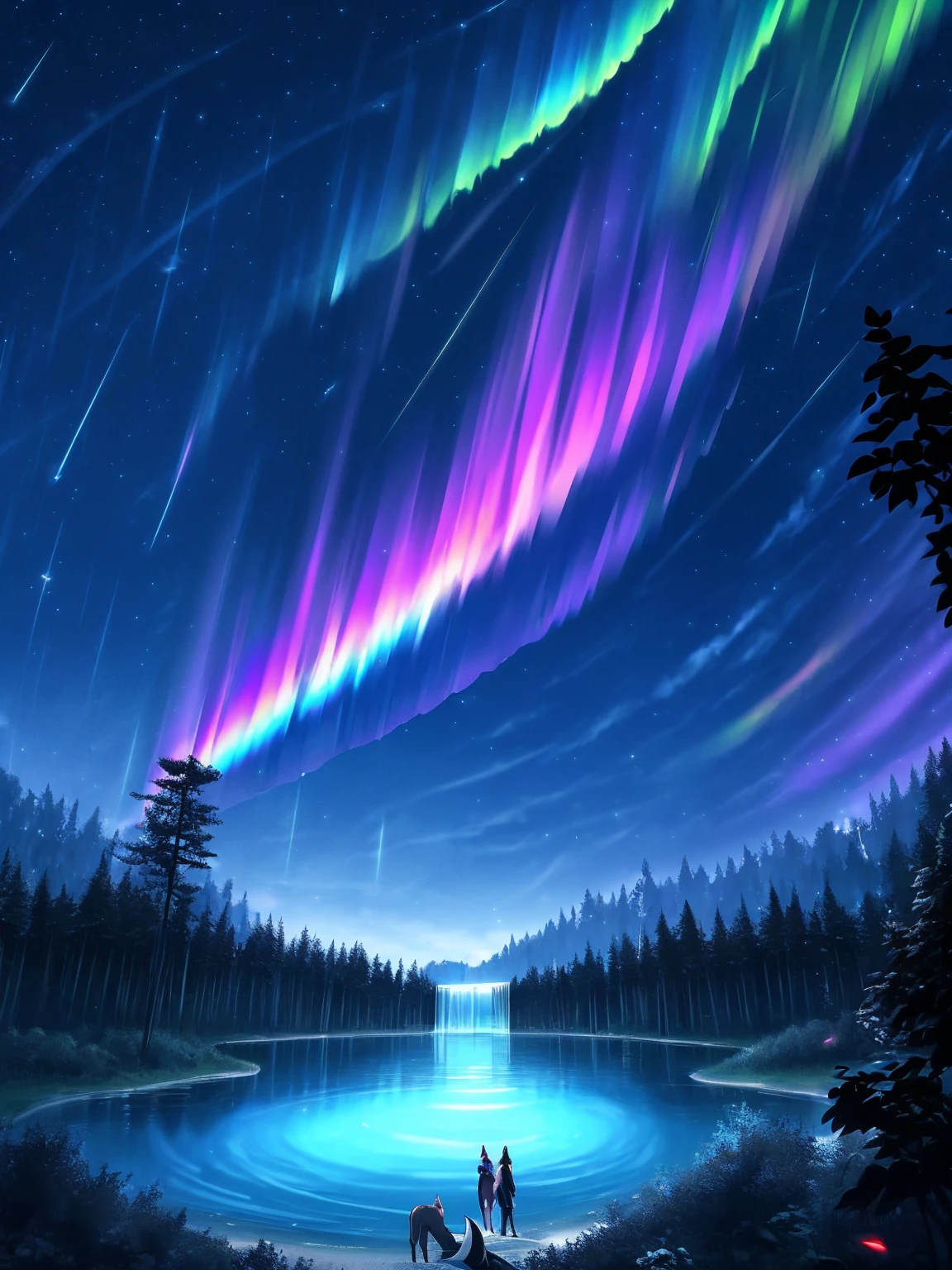 masterpiece, best quality, high quality, CG, 8K, landscape, night, Sky, cloud, Muscle Dragon Man ,Dense forest, Beautiful waterfall, rainbow, Fantasy image, firefly, moonlight, aurora, Tree, black snake on Tree, Apple herd, moose, Albino deer, White Rabbit,