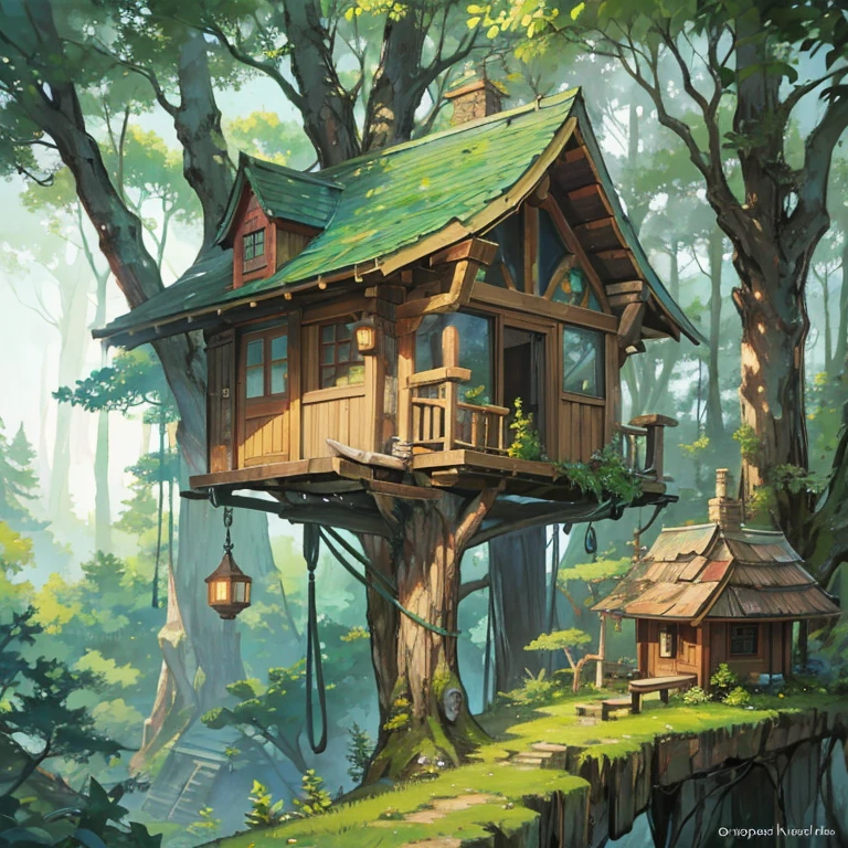 Cozy peaceful tree elf village of treehouses hidden high among the dense trees of the forest and far from the forest floor or any human eyes…