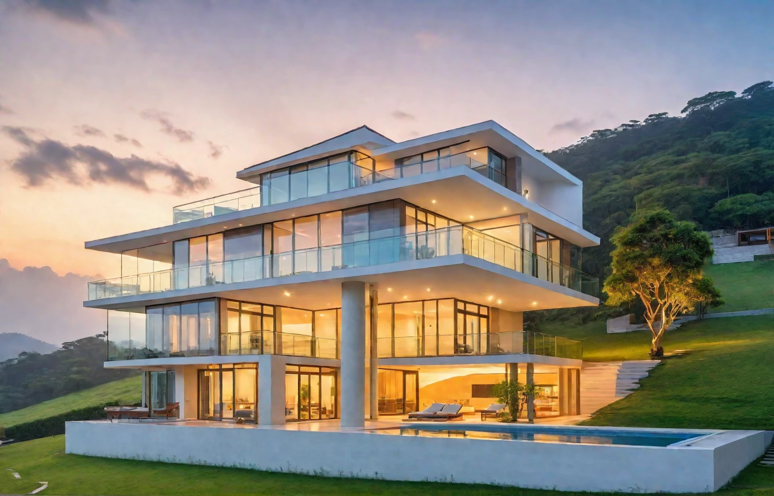 at sunset, It was snowing, modern house exterior, beige and white mixed together, glass doors and windows, large balcony, on the meadow, hillside, with swimming pool in front, with house front bonsai, tropical landscape, masterpiece, high quality, ultra hd,