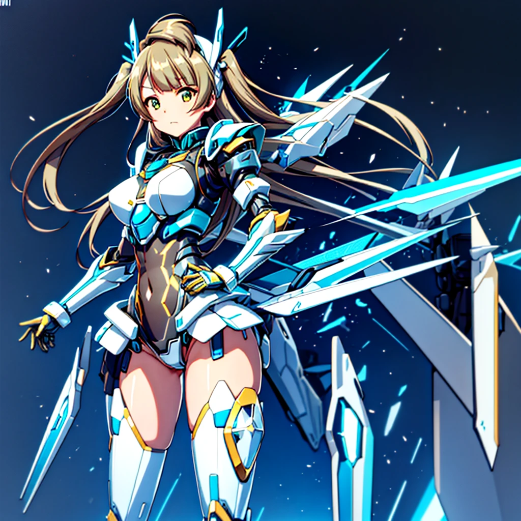 masterpiece, high quality, Cyborgization、Gynoid Cyborg Body、The face is of Minami Kotori.、mechanical parts、Blue and white leotard armor、solo focus、Single image、from front, full body、Mechabare、damage、Precision machinery is exposed all over the body、The armor in the crotch area opens up to reveal the refueling parts.