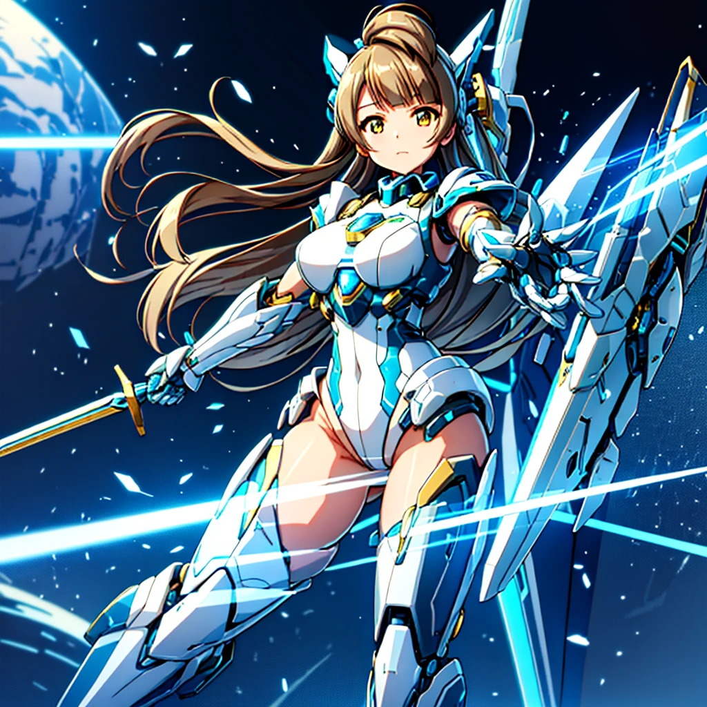 masterpiece, high quality, Cyborgization、Gynoid Cyborg Body、The face is of Minami Kotori.、mechanical parts、Blue and white leotard armor、solo focus、Single image、from front, full body、Mechabare、damage、Precision machinery is exposed all over the body、The armor in the crotch area opens up to reveal the refueling parts.