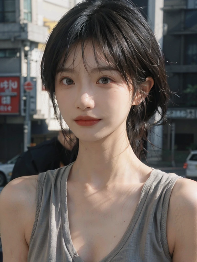 (Skin details:1.4), (smooth skin textures:1.3), Lipstick, background,海滩background, Direct vision, earrings, serene, calm, (Realistic and detailed eyes:1.2), Natural skin texture, Realistic facial details, Soft dramatic lighting, Vivid details, 35 mm film, outdoor, (Photo Practical:1.4), (hyper Practical:1.4), (Practical:1.3), (Smoother lighting:1.05), (Improve lighting quality:0.9), (Highest quality real skin textures:1.4), Exquisite eyes, Delicate face, Close-up of face, (Enhance the beauty of skin texture:1.1), Hair details, Vest,normal body ratio, short hair, Moles under the eyes, thinking, A faint smile,公园background,Portrait Photography, Depth of Field, Bokeh, Surrealism, Ray Tracing, (Portrait Photography:1.1), Surrealism, High Detail, Chiaroscuro, Ray Tracing, reflected light, Ultra HD, Ultra HD, masterpiece, Textured Skin, Super Detail, High Detail, high quality, best quality