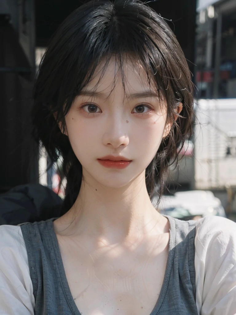 (Skin details:1.4), (smooth skin textures:1.3), Lipstick, background,海滩background, Direct vision, earrings, serene, calm, (Realistic and detailed eyes:1.2), Natural skin texture, Realistic facial details, Soft dramatic lighting, Vivid details, 35 mm film, outdoor, (Photo Practical:1.4), (hyper Practical:1.4), (Practical:1.3), (Smoother lighting:1.05), (Improve lighting quality:0.9), (Highest quality real skin textures:1.4), Exquisite eyes, Delicate face, Close-up of face, (Enhance the beauty of skin texture:1.1), Hair details, Vest,normal body ratio, short hair, Moles under the eyes, thinking, A faint smile,公园background,Portrait Photography, Depth of Field, Bokeh, Surrealism, Ray Tracing, (Portrait Photography:1.1), Surrealism, High Detail, Chiaroscuro, Ray Tracing, reflected light, Ultra HD, Ultra HD, masterpiece, Textured Skin, Super Detail, High Detail, high quality, best quality