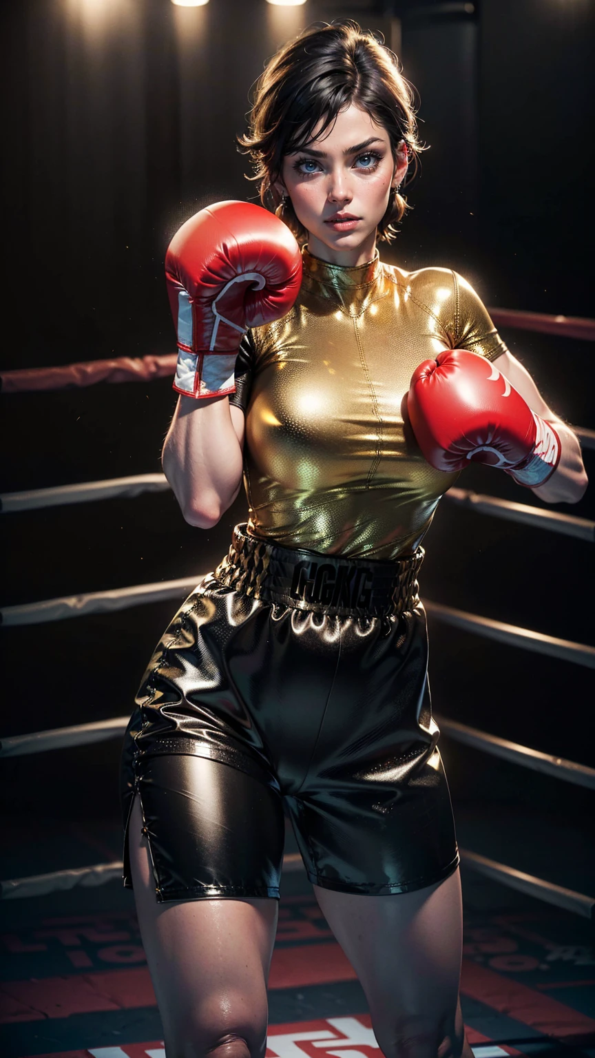 (best quality, 4k, 8k, highres, masterpiece:1.2), ultra-detailed, (realistic, photorealistic, photo-realistic:1.37), Busty mature curvy Denise Milani,
(Short-sleeved black leather romper shorts, glowing golden linings), ((boxing gloves:1.4)),