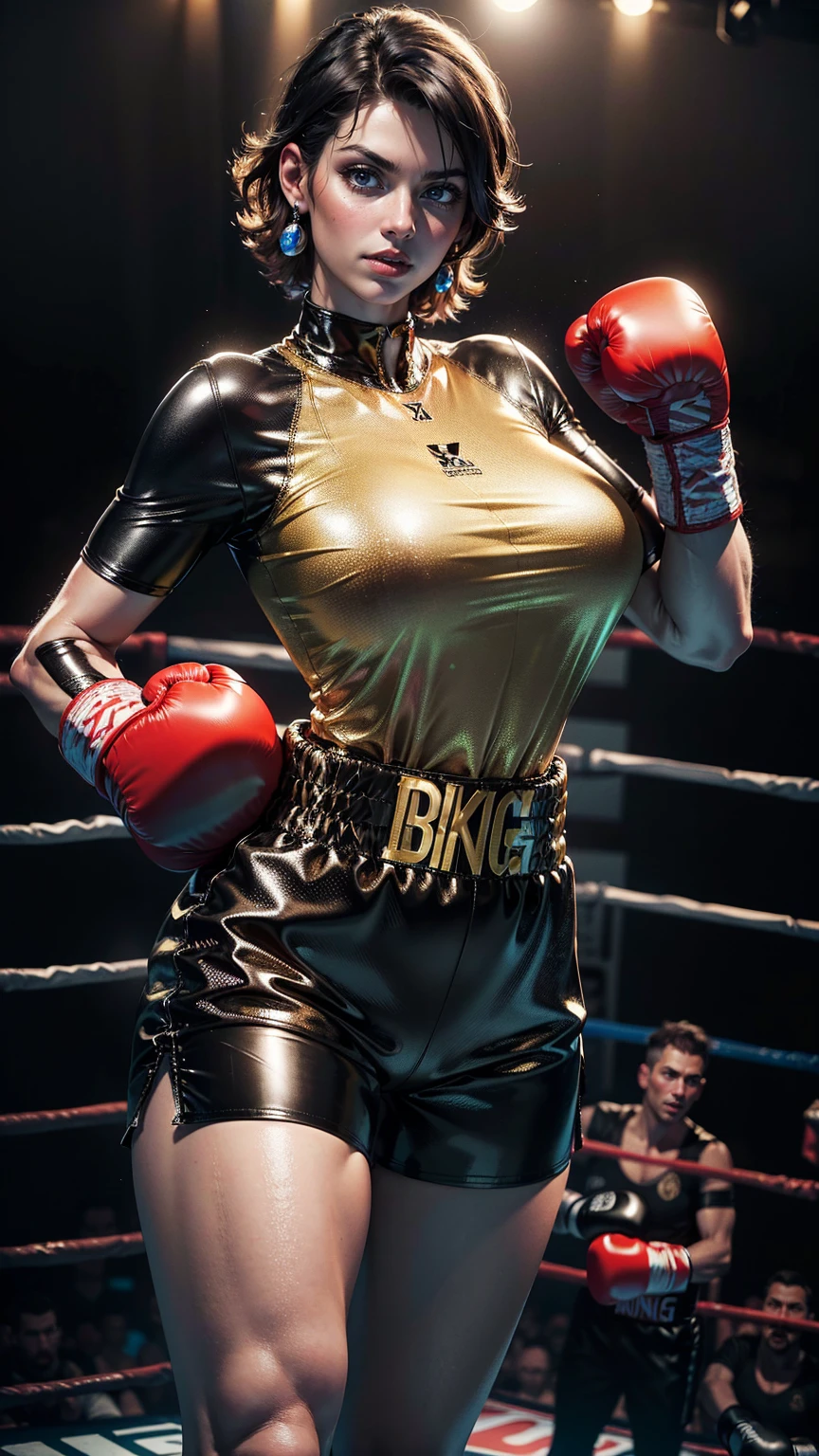  (best quality, 4k, 8k, highres, masterpiece:1.2), ultra-detailed, (realistic, photorealistic, photo-realistic:1.37), Busty mature curvy Denise Milani,
(Short-sleeved black leather romper shorts, glowing golden linings), ((boxing gloves:1.4)),