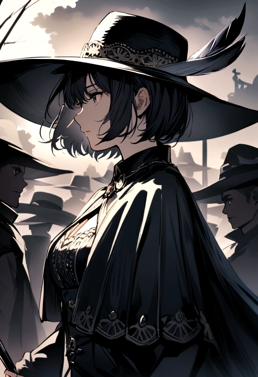 Girl with short hair,wearing a cavalier hat with a feather,black capelet,holding a cane