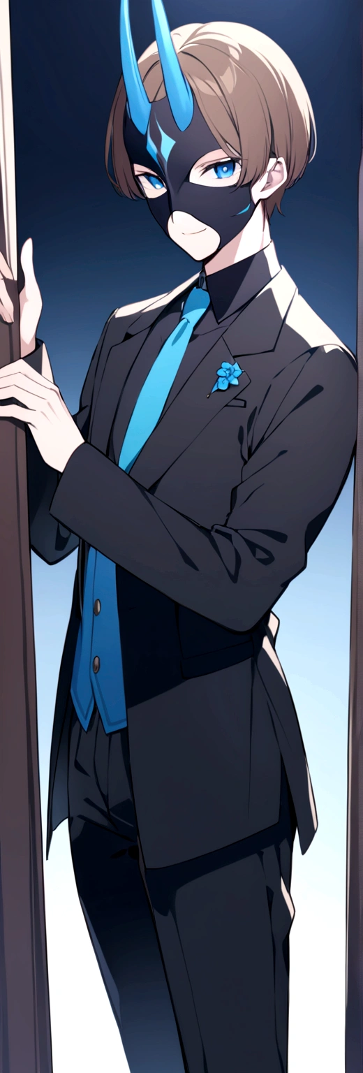 (man in half smile mask on the left side )(blue color)(blue eyes) brown hair)(blue horns)(Dressed in black)(Short haired)(alone)