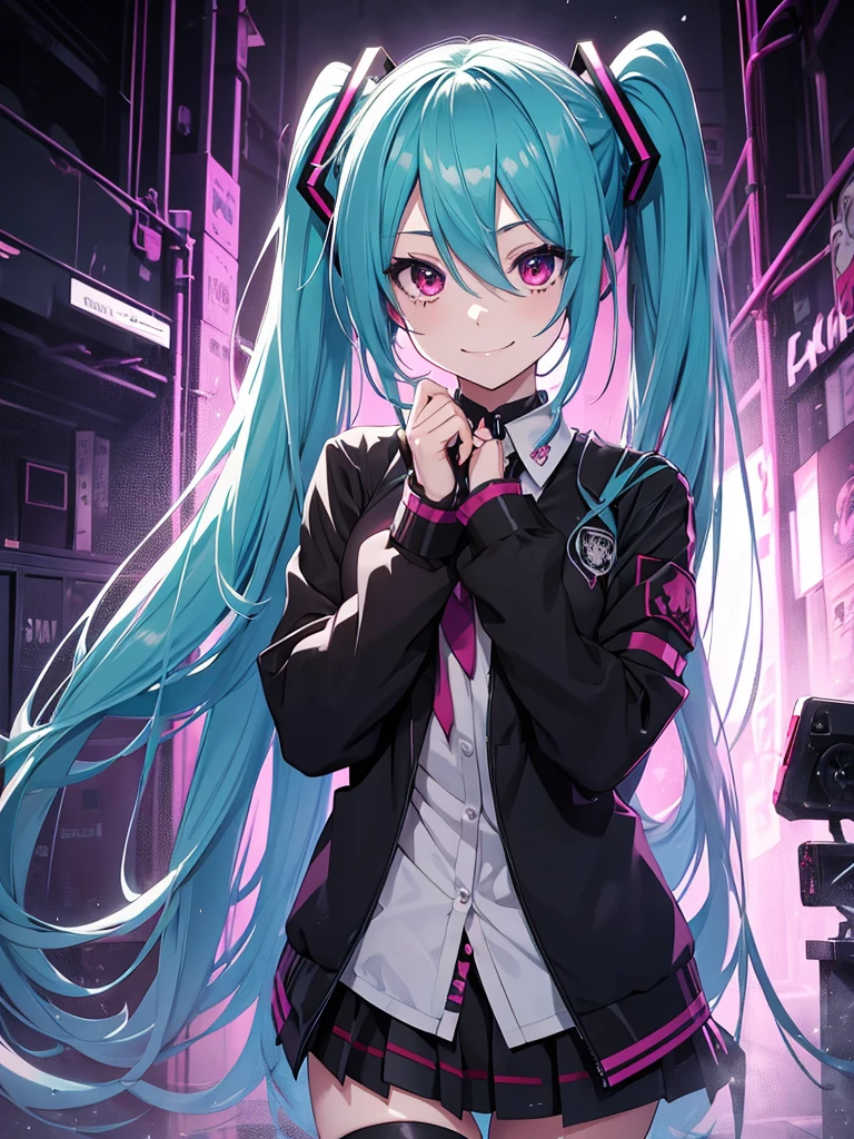 hatsune miku, emo, goth, black and purple hair, red eyes, smiling, school wear, soaked in blood, yandere