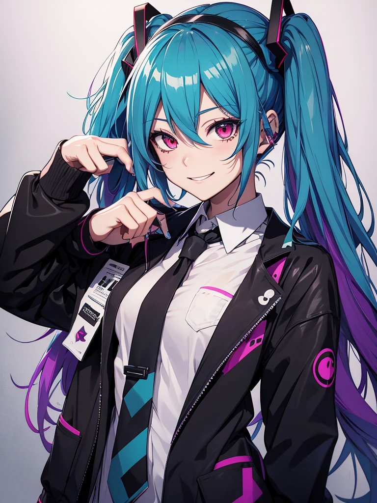 hatsune miku, emo, goth, black and purple hair, red eyes, smiling, school wear, soaked in blood, yandere