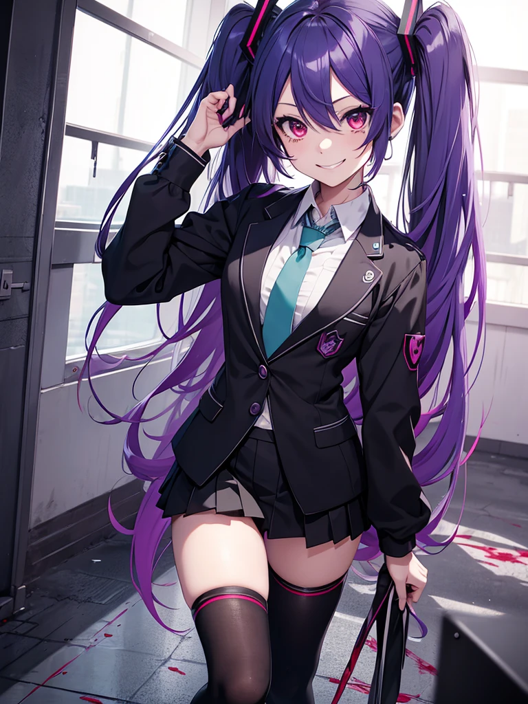 hatsune miku, emo, goth, black and purple hair, red eyes, smiling, school wear, soaked in blood, yandere