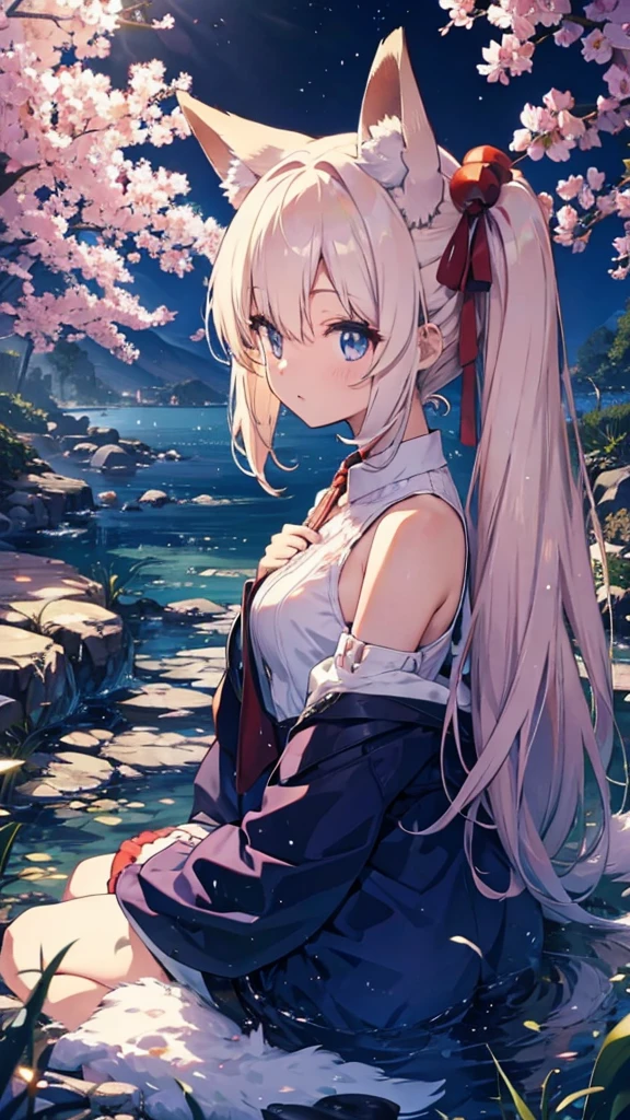 Fox Ears, Fox's Tail, (masterpiece、Highest quality、Highest quality、water彩画(curly)、Official Art、Beautiful and aesthetic:1.2)、(One Girl:1.3)、(Fractal Art:1.3)、pattern、(Rainbow Hair、Colorful Hair、Half blue and half light pink hair:1.2)、water、liquid、cloud、Starry Sky、performer、((rain)),(((Cherry Blossom))), Pussy Fully visible Masturbation Anal play Anal、naked、全naked