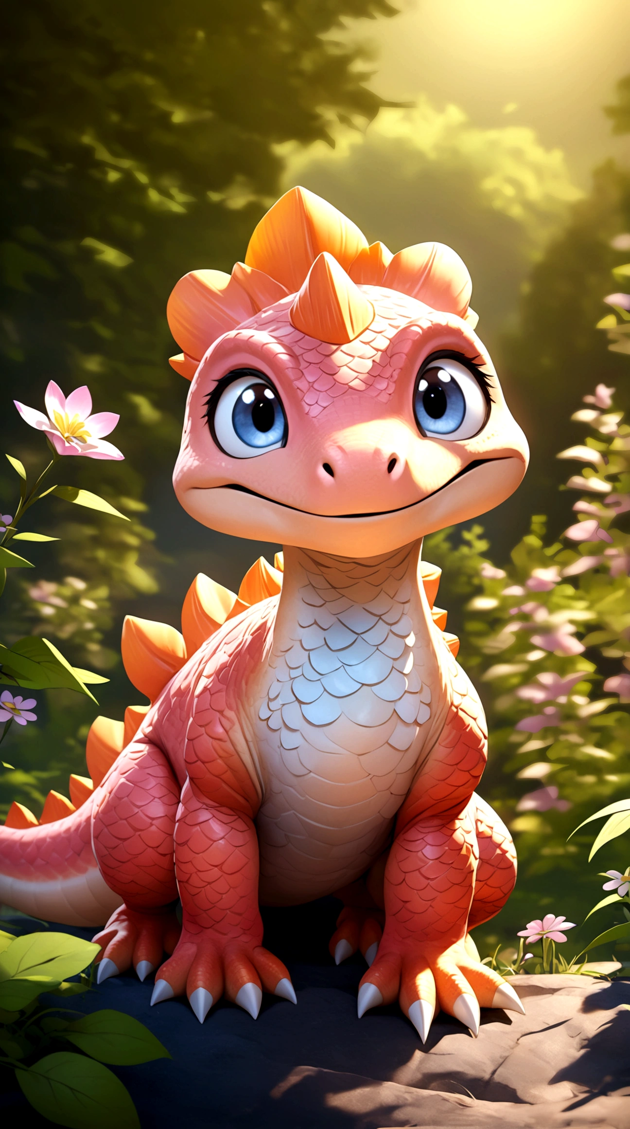 Pink dinosaur, silky smooth dinosaur skin, pink scales, large and bright eyes, gentle gaze, grassy background, sunny day, surrounded by small flowers, dinosaur smiling, dreamlike setting, rich in details, high resolution
