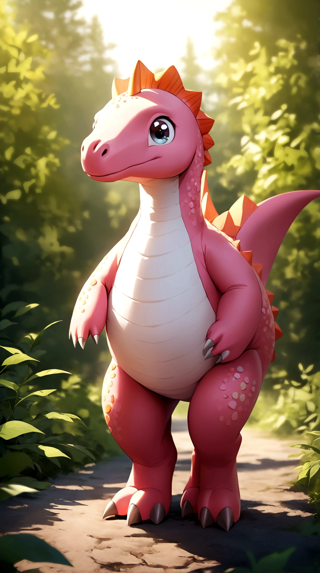 solo, full body, outdoors, blurry, no humans,Pink dinosaur,