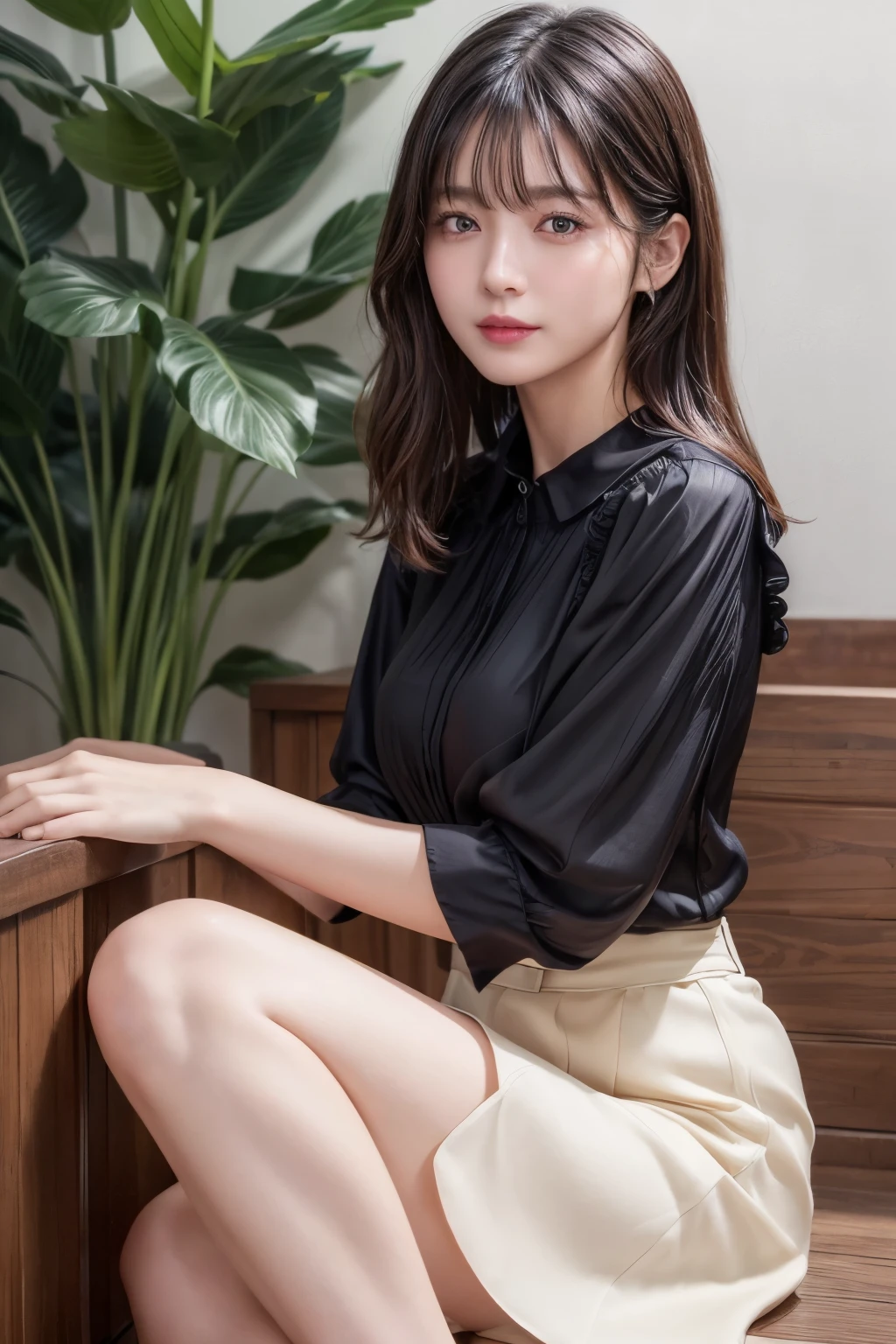 ((Best image quality、8K、masterpiece：1.3))、Realistic high-quality photos、Highest quality、Beautiful and graceful face and eyes、Black Hair、Shiny Hair、 OL、Wearing a short-sleeved blouse、Wear a long skirt、Full Body Shot.